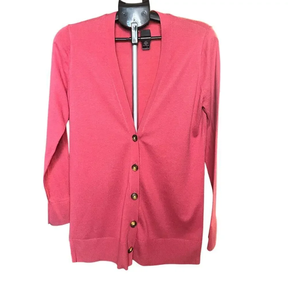 LOFT Long Cardigan, Medium, Dark Pink / Red, Button, Cotton Blend, Office, Work